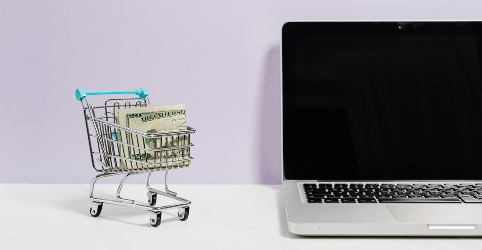 laptop-and-shopping-cart-with-money-on-a-purple-background