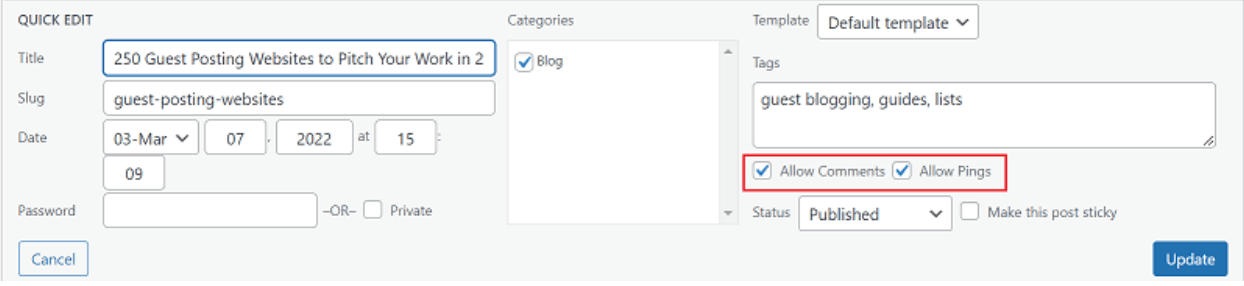 Allow Comments & Allow Pings checkboxes